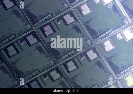 Silicon wafer with microchips used in electronics for the fabrication of integrated circuits. Full-frame high-tech macro background. Stock Photo