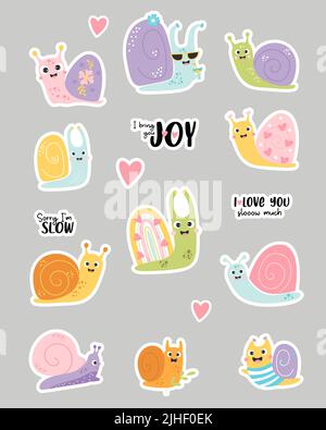 Set of stickers cute snails. Decorative snail characters on rainbow ...