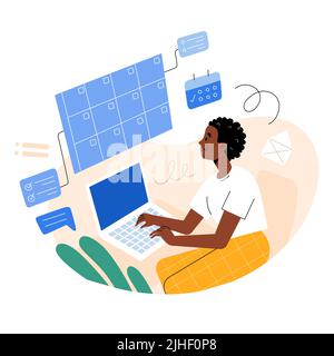 Young woman using laptop, working on project, managing tasks, organizing, scheduling in calendar, taking notes, personal planner concept Stock Vector