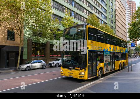 Sydney, Australia - April 16, 2022: Mona Vale B-Line double decker bus stopped on the bus stop in Sydney city on a day Stock Photo