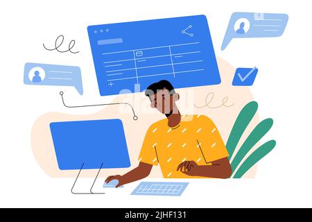 Young man, project manager, using desktop, working on project in cloud, managing tasks, commenting, scheduling, planner for team, project organizing Stock Vector