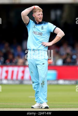 File photo dated 14-07-2019 of England's Ben Stokes during the ICC World Cup Final at Lord's, London. Ben Stokes has announced his shock retirement from one-day cricket and will play his final match at his home ground of Durham on Tuesday. Issue date: Monday July 18, 2022. Stock Photo
