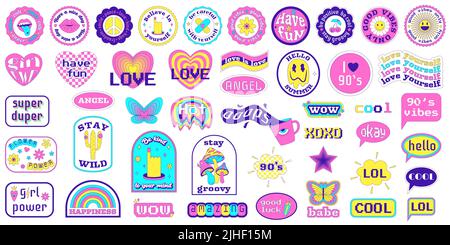 Vintage lettering set in girly 90s style stickers Vector Image