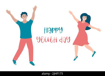 Youth day celebration. Happy young people together jumping and smiling. Girl and guy celebrating International Youth Day August 12. Flat vector poster Stock Vector