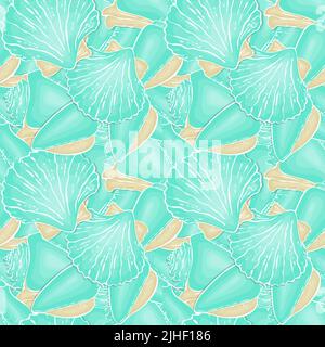 Pattern Seashell hand drawn doodle drawing, blue and beige pastel tone. Vector illustration Stock Vector