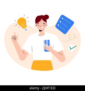 Young woman having idea or solution, taking note in app using her smartphone with her finger raised, note-taking application concept, vector Stock Vector