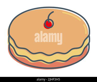 Color icon in outline. Pie, fragrant cake with cherry on top. Exotic dessert with tea party. Simple vector isolated on white background Stock Vector