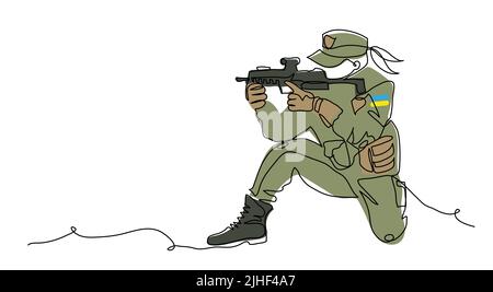 ainian soldier girl with weapon. Vector illustration. One continuous line art drawing of soldier girl Stock Vector