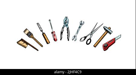 Home repair tools. Hammer, putty knife, ruler, roller, pliers, screwdriver, scissors, saw, file. T-shirt design. Vintage ink style. Vector doodle Stock Vector