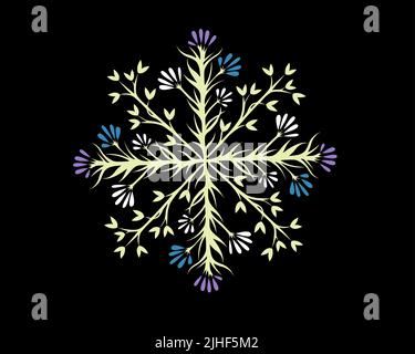 Abstract floral art with purple, blue and white color petals isolated on black background - vector illustration Stock Vector