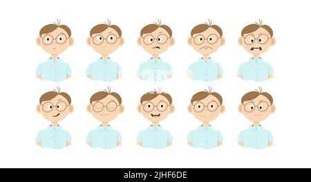 A set of drawings of a cartoon man in glasses with different emotions on his face. Doodle style Stock Vector