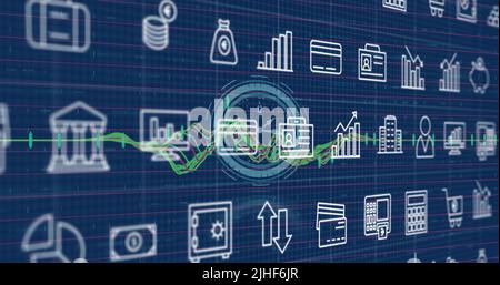 Image of icons over clock and data processing Stock Photo