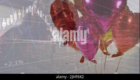 Image of data processing and balloons over horse Stock Photo