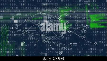 Image of interference over network of connections and data processing on black background Stock Photo