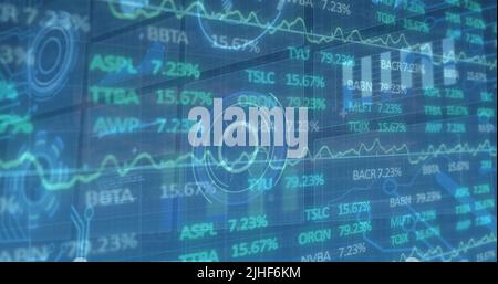 Image of stock market over scope scanning on green background cityscape Stock Photo