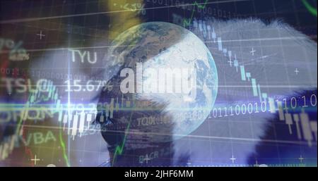 Image of data processing and globe over horse Stock Photo