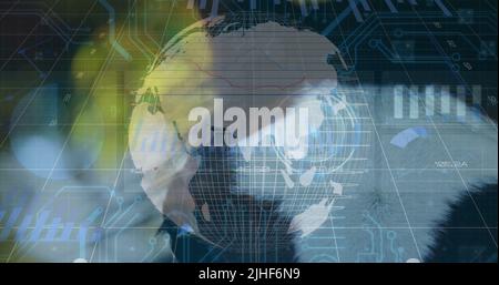 Image of data processing and globe over horse Stock Photo