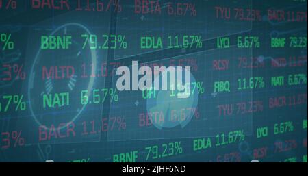 Image of stock market over scope scanning on green background cityscape Stock Photo