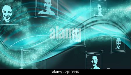Image of data processing with people portraits over light trails Stock Photo