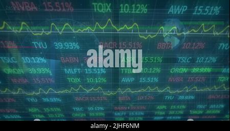 Image of stock market over scope scanning and globe on green background cityscape Stock Photo