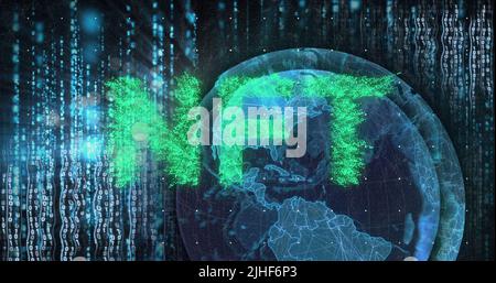 Image of nft text over globe and data processing Stock Photo