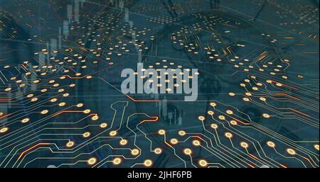 Image of computer circuit board over data processing and clock Stock Photo