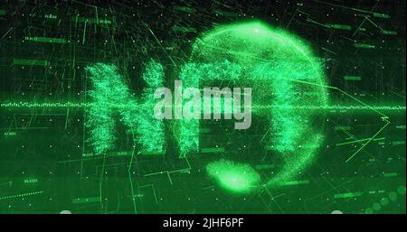 Image of nft text over globe and data processing Stock Photo