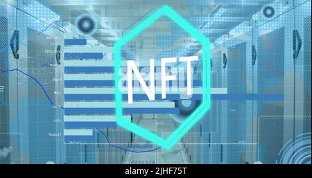 Image of nft text over financial data processing and server room Stock Photo