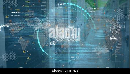 Image of scope scanning with 5g over data processing with globe and server room Stock Photo