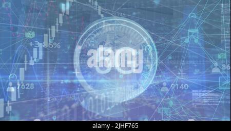 Image of financial data processing and scope scanning with 5g over globe Stock Photo