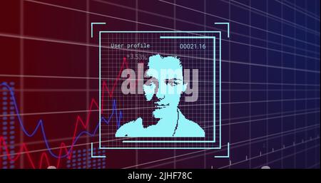 Image of data processing with people portraits on red and black background Stock Photo