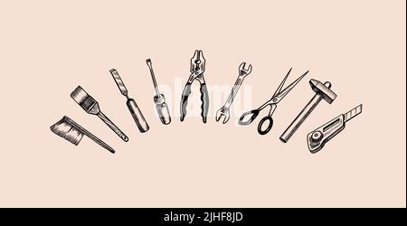 Home repair tools. Hammer, putty knife, ruler, roller, pliers, screwdriver, scissors, saw, file. T-shirt design. Vintage ink style. Vector doodle Stock Vector