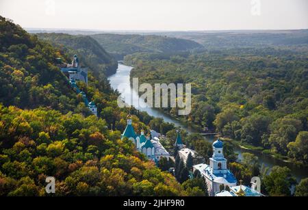 The Svyatohirsk Lavra from the left bank of the Seversky Donets River. Svyatohirs'k in Ukraine Stock Photo