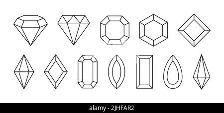 Set of simple geometric gem stones. Jewelry crystals shapes in linear style. Vector illustration. Stock Vector