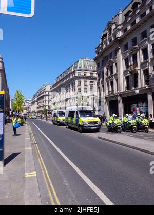 London, UK-14.5.22: London Metropolitan Police Traffic Unit motorcycle blocking traffic on Oxford Circus due to the demonstration approaching Stock Photo