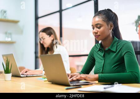 Two female colleagues using laptops sitting at the desk in modern open space office, smart and concentrated African-American woman typing on the foreground Stock Photo