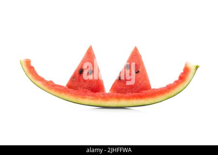Watermelon slice eaten, isolated on white background. Stock Photo