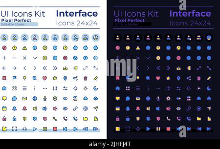 Minimalistic looking pixel perfect RGB color ui icons set for dark, light mode Stock Vector