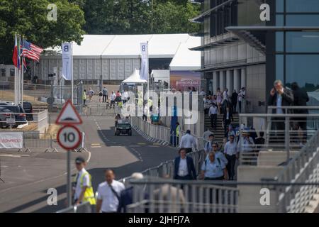 Farnborough, Hampshire, UK. 18 July 2022. The 2022 Farnborough International Trade Airshow opens at the height of the heatwave currently gripping the south of the UK with temperatures due to hit 40 degrees. Major aircraft manufacturers Airbus and Boeing compete for new sales at the Show which runs till 22 July. Credit: Malcolm Park/Alamy Live News Stock Photo