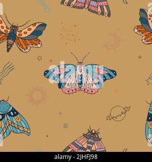Night moth, symbols of the sky, sun and moon vector seamless pattern. Stock Vector