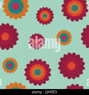 Stylized, vector dahlia. Seamless flower pattern. Color palette of 70s. Retro style design. Stock Vector