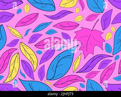 Colorful leaves seamless pattern. Yellow, blue and purple leaves. Falling leaves, leaf fall. Design for wrapping paper, fabric printing and promotiona Stock Vector