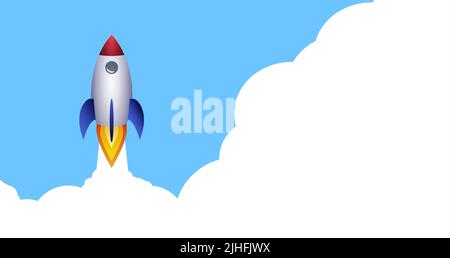 Rocket Launch On The Clouds And Blue Sky As Paper Art, Craft Style