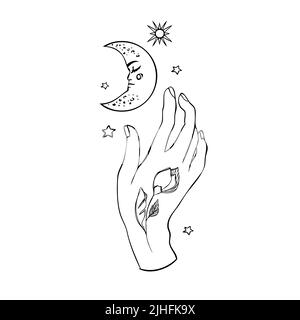 Mystical composition vector line art illustration with magic elements Stock Vector