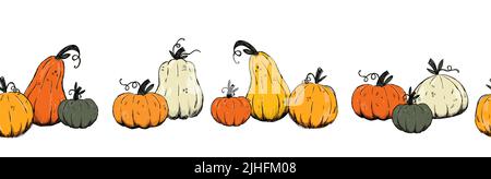 Beautiful pumpkin halloween thanksgiving seamless pattern, cute cartoon pumpkins hand drawn background, great for seasonal textile prints, holiday ban Stock Vector
