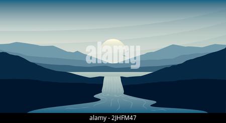 beautiful waterfall landscape river and mountain view at sunset Stock Vector