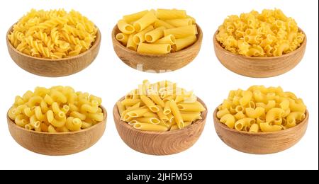 raw macaroni pasta in wooden bowl isolated on white background with clipping path and full depth of field. Set or collection Stock Photo