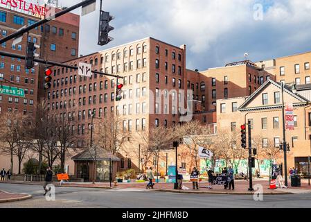 Portland, Maine - April 22, 2022: People Stands On Demonstration, Protest Against The Russian War Invasion In Ukraine. IN Portland ME, USA Stock Photo