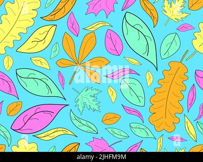 Colorful leaves with stroke seamless pattern. Autumn falling leaves, leaf fall. Oak and maple. Design for wrapping paper, fabric printing and promotio Stock Vector