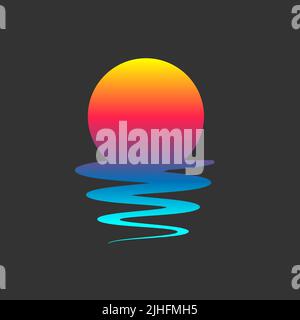 Sea and sun, night summer landscape. Sunset logo, nature symbol. Ocean icon, travel logotype, tropical sign Stock Vector